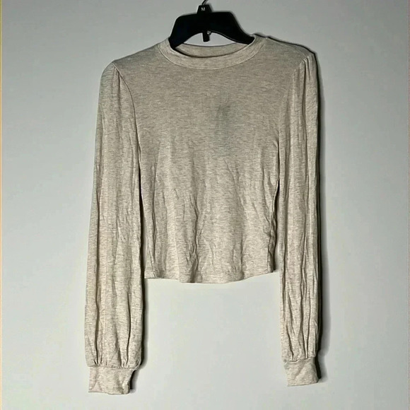 Lulu’s Cream Ribbed Cropped Balloon Sleeve Top Size S - Picture 1 of 6